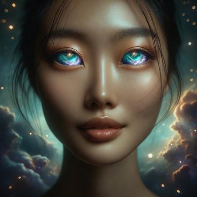 The primary subject of the image is a woman with blue eyes and a pink mouth. She is the main focus of the image. The setting is a space with a backdrop of a blue sky. The visual style is digital art, as the woman is depicted with a surreal and artistic appearance. The colors and mood of the image are predominantly blue and pink, creating a serene and dreamy atmosphere.